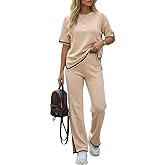 CHICME Women's 2 Piece Outfits Short Sleeve Knit Pullover Sweater Top Straight Leg Pants Loungewear Set Travel Airport Outfit