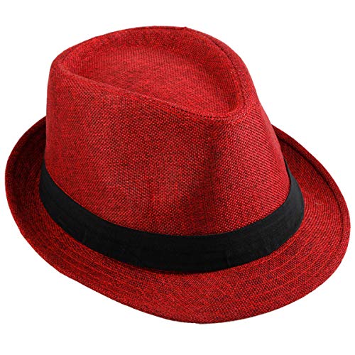 KYEYGWO Panama Fedora Hats for Men Woman, Braid Straw Short Brim Jazz Cap Trilby Hat, Red