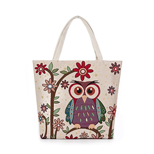Cat Shoulder Tote Bag Handbag Canvas Owl Shoulder Bags Hand Straps Handbag for Women Beach Bag (1 Owl)