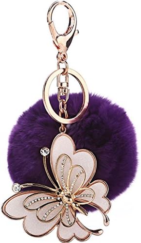 Ayiqi Solid Color Rabbit Plush Ball Butterfly Pendant Keychain Fluffy Handbag Charm Key Ring Car Key Decoration (Purple)