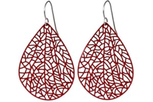 Filigree Dangle Earrings, Lightweight Teardrop Cutout on Hypoallergenic Pure Titanium Hooks (Deep Red)