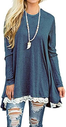 Hisweet Women's Lace Long Sleeve T-Shirt Dress Casual Tunic Top Blouse Blue L