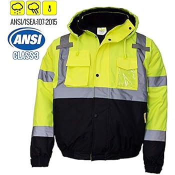 New York Hi-Viz Workwear WJ9012-XL Men's ANSI Class 3 High Visibility Bomber Safety Jacket, Waterproof (Extra Large, Lime)