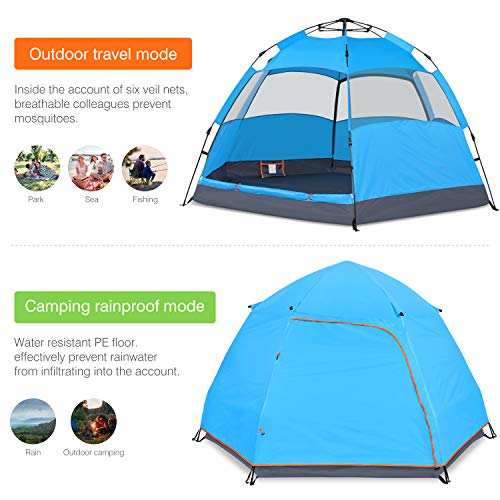 Victostar Instant Pop Up Family Camping Tent,Double Layer Waterproof 4 Season for Picnic Fishing Hiking Traveling (Blue)
