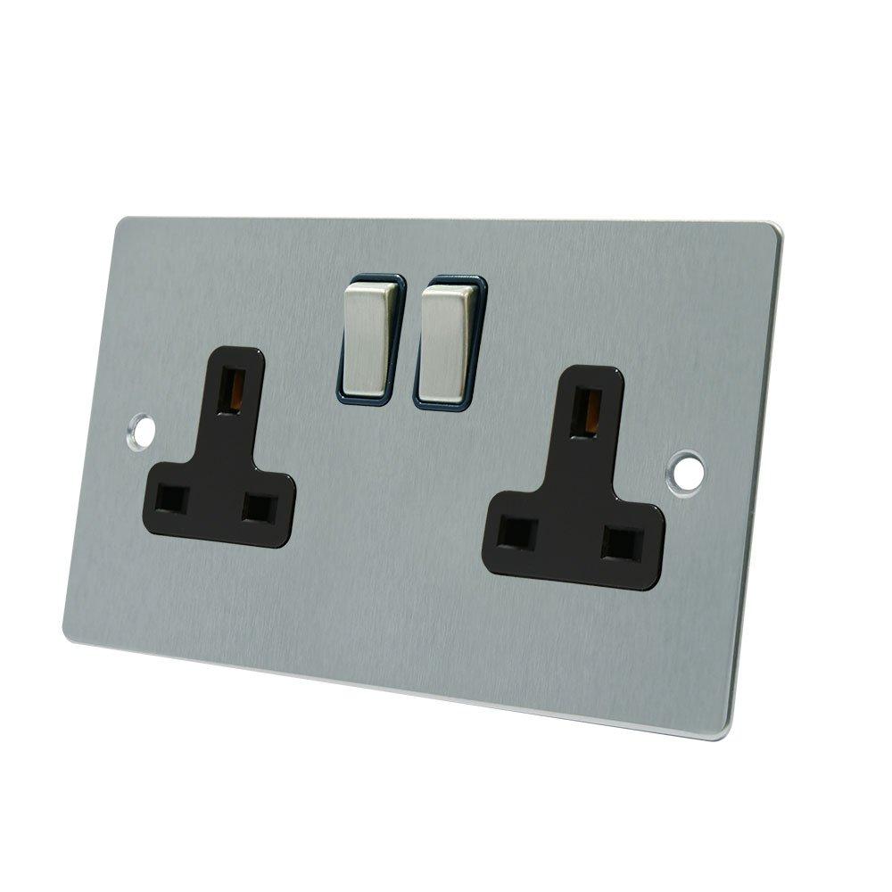AET FSC2GSOCBS 13 A 2-Gang Satin Chrome Flat Double Plug Socket with Black Insert Metal Rocker Switches