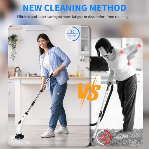 SINZUX Electric Spin Scrubber, Electric Cleaning Brush with 8 Replaceable Brush Heads, Electric Scrubbing Brush with LED Display and Adjustable Extension Handle for Bathroom Kitchen Car