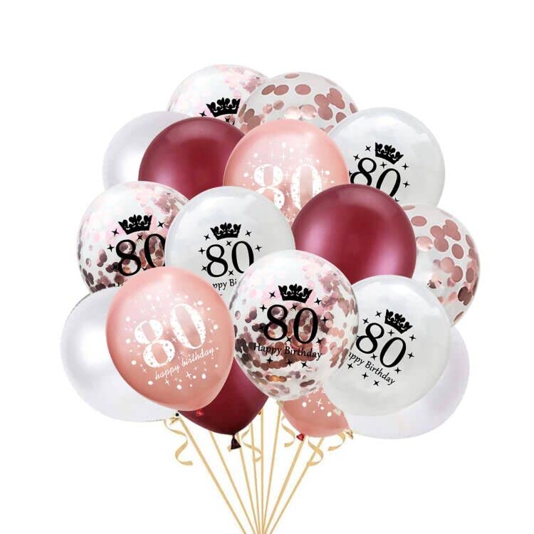Fechy 80th Birthday Balloon Pack - 30 Rose Gold Pink Latex Confetti Balloons with Ribbons for Women's 80th Birthday Party Decorations (12 inch)