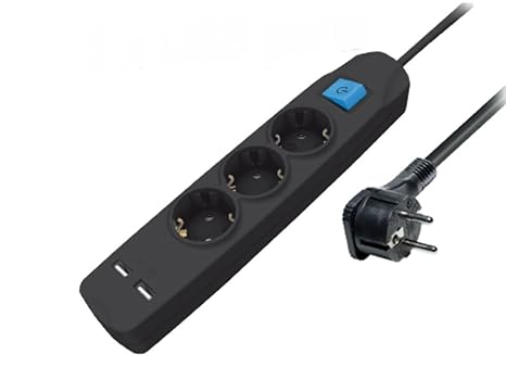 3-fach Steckdosenleiste mit 2 USB-Ladebuchsen und flacher Stecker, mit Schalter Kindersicherung 3m schwarz