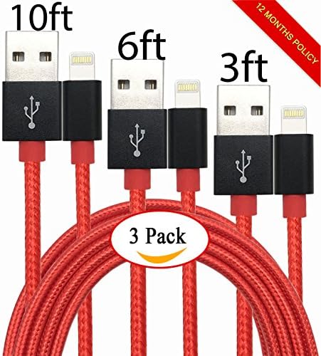 GreatYakonn 3Pack3/6/10ft Lightning Charging Cable Cord Nylon Braided USB Charge and Sync Cable for Apple iPhone 7/7 plus/6/6s/6 plus/6s plus,5c/5s/5,iPad Air/Mini Compatible with iOS10(Red)