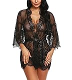 RSLOVE Women's Lace Kimono Robe Lingerie Eyelash Babydoll Sheer Nightwear