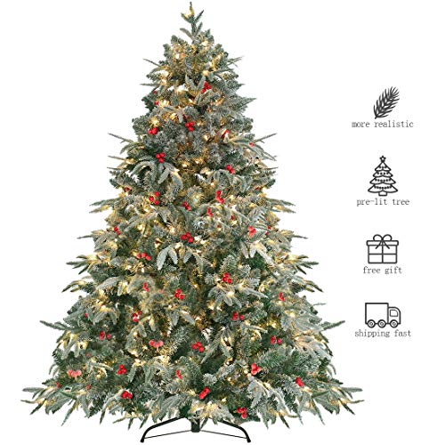 HOMAKER Pre-Lit 9ft Artificial Christmas Tree, Feel Real Snow Flocked PE Tree 1000 Clear Lights UL Certificated, Red Berries