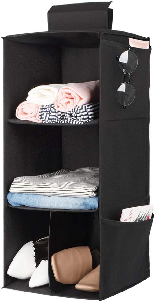 Amazon Com 3 Shelves Hanging Closet Organizer Cloth Hanging Shelves For Closet Organizer With Hook And Loops Polyester Canvas Collapsible Storage Shelves For Clothes Shoes And Accessories 3 Shelf Black Furniture Decor