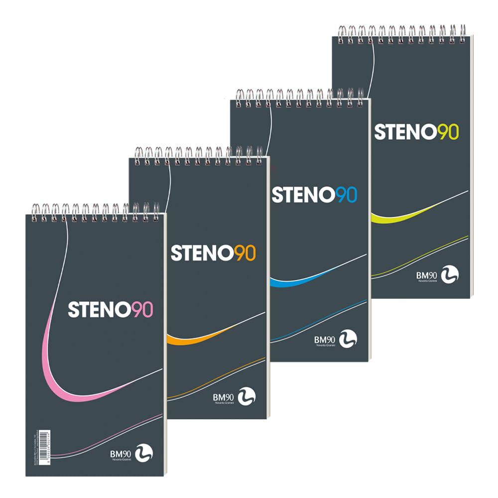 BM BeMore - Steno Spiral Block 90, 0100214 - Format 13 cm x 22.5 cm - Ruling for Shorthography - Paper 90 g/m² - Pack of 5 - Assorted Colours