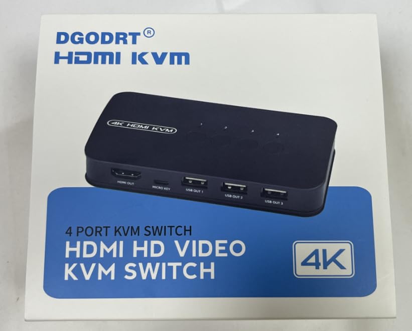 4K HDMI KVM Switch, 4 Port HDMI USB Switch for 4 Computer Share a 4K@30Hz Monitor and 3 USB Device Keyboard Mouse Printer, Including 4 KVM Cables