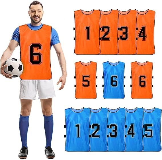 12 Pack Football Bibs for Youth, Sports Training Mesh Bib for Adult, Reversible Numbered Practice Vest Pennies for Soccer Basketball Football Volleyball - Red & Yellow