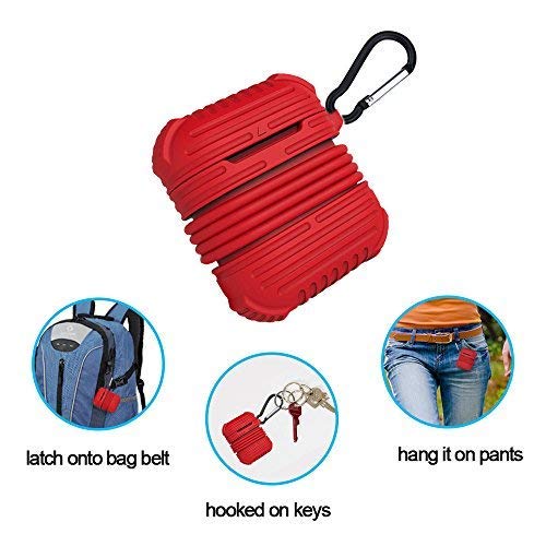 Rugged Airpods Protective Case Compatible for Apple, Airpods Accessories Silicone Shockproof Charging Case with Carabiner Keychain and Anti Lost Strap for Travel Storage - Red