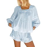 Xfileen Women's Fashion 2 Piece Sets Square Neck Puff Long Sleeve Tops and Ruffle Shorts Summer Vacation Outfits