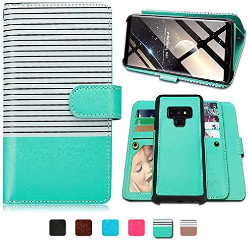 Galaxy Note 9 Cases, Magnetic Detachable Lanyard Wallet Case with 9 Card Slots, Kickstand, Hnad Strap for Galaxy Note 9, CASEOWL 2 in 1 Folio Flip Premium Leather Removable TPU Case(White&Mint Green)