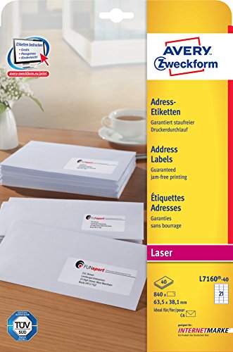 Avery ZweckformL7160-40 Address Labels 63.5 x 38.1 mm for C6 Envelopes 40 SheetsThe Forest Stewardship Council