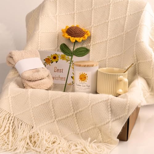 Cozy Blanket Gift Basket for Women, Sunflower Set with Throw Blanket Mug Socks Scented Candle, Birthday Mother's Day Christmas Anniversary Get Well Soon Gift for Her Friend Mom Sister Wife (Cream)