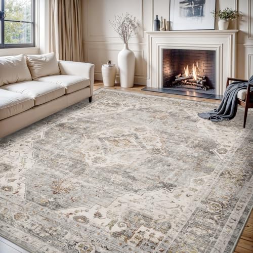 Montvoo-Area Rug 8X10 Rugs for Living Room-Grey Machine Washable Rug-Soft Living Room Rug-Vintage Non Slip Carpet-Rugs for Bedrooms Dining Room Living Room Office