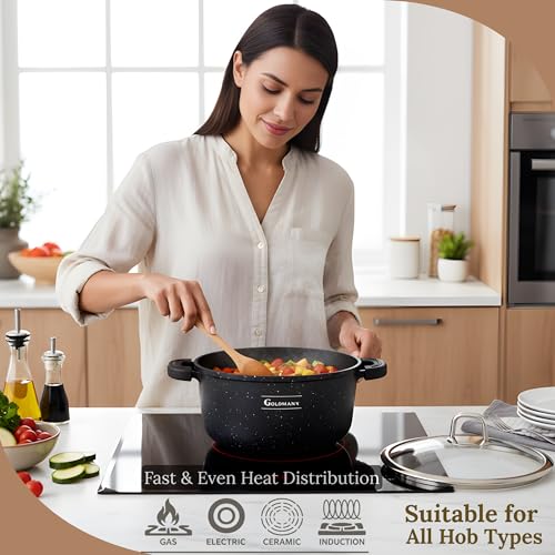 GOLDMANN Cast Aluminium Saucepan 24 cm - 4.5 L Non-Stick Ceramic Marble Look Glass Lid Induction Suitable for All Hobs Oven Safe and PFOA Free