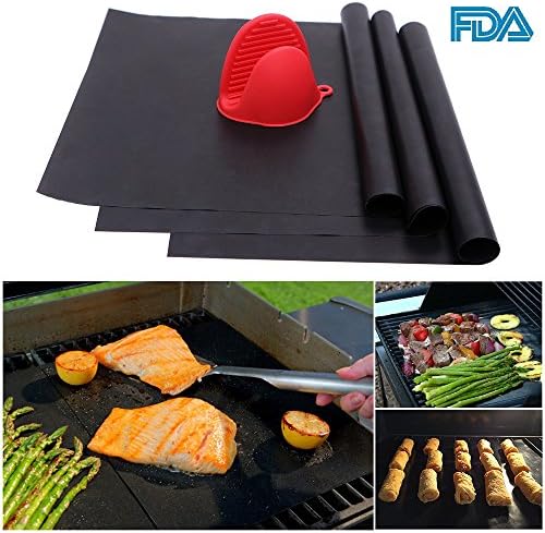 GOLDEN V BBQ Grill Mat, Set of 3 16" X 13" Nonstick Reusable Grilling Accessories, Easy to Clean, Bonus 1pc of Silicone Mini Holder