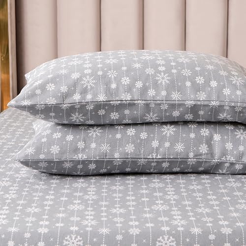 Elegant Comfort Ultra Soft 4-Piece 100% Turkish Cotton Flannel Sheet Set - Holiday Christmas Flannel Sheets, Warm and Cozy Anti-Pill Premium Quality, Deep Pocket Fitted Sheet- Queen, Snowflake Gray