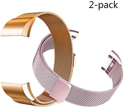 Fitbit Charge 2 Bands (2-Pack), Tecson Stainless Steel Milanese Loop Replacement Bracelet Strap with Unique Magnet Lock for Fitbit Charge 2,Rose Gold, Rose Pink, Silver (Rose &amp; Rose Pink)