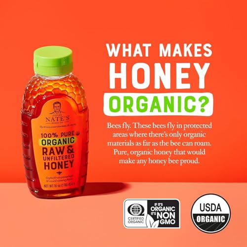 NATE’S ORGANIC 100% PURE, RAW & UNFILTERED HONEY – USDA CERTIFIED ORGANIC – 16OZ. SQUEEZE BOTTLE