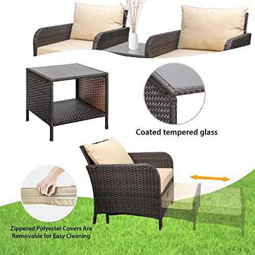 LeveLeve 5 Piece Patio Conversation Set, PE Wicker Rattan Outdoor Lounge Chairs with Soft Cushions 2 Ottoman&Glass Table for Porch,Pool Balcony, Lawn-Brown Wicker (Sand)