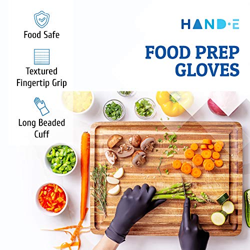 Hand-E Disposable Black Nitrile Gloves Medium - 200 Count - Heavy Duty 5 mil Thick Industrial Grade - Powder Free, Latex Free, Textured Grip, Extra Length Cuff - BBQ, Hot Food Prep, Cleaning