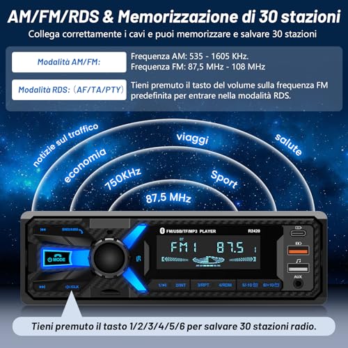 RDS Bluetooth Car Radio, Wistrue 1DIN Car Radio with Type-C Charging Port Stereo Car Bluetooth FM/AM with MP3 Player Hands-Free / 2 USB/AUX/SD Supports Android and iOS