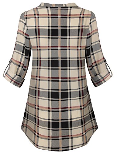 Gaharu Blouses For Women, Ladies Vintage Blouse Cuff Sleeve Pleated Front Curved Hem Buffalo Plaid Tunic Blouses For Work Black Beige,X-Large