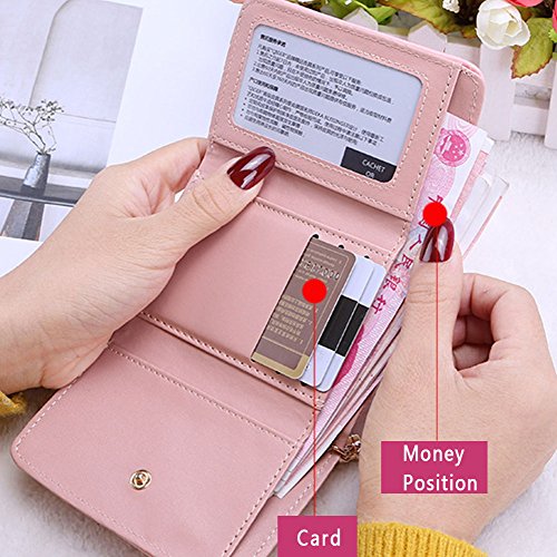 Girls' Lovely Student Short Wallet, PU Leather Coin Purse Pink wallet,Fringed Seventy Percent off, Small fresh Blue color Credit Card Holder(2 Pack,Pink purse&Blue Card Bag