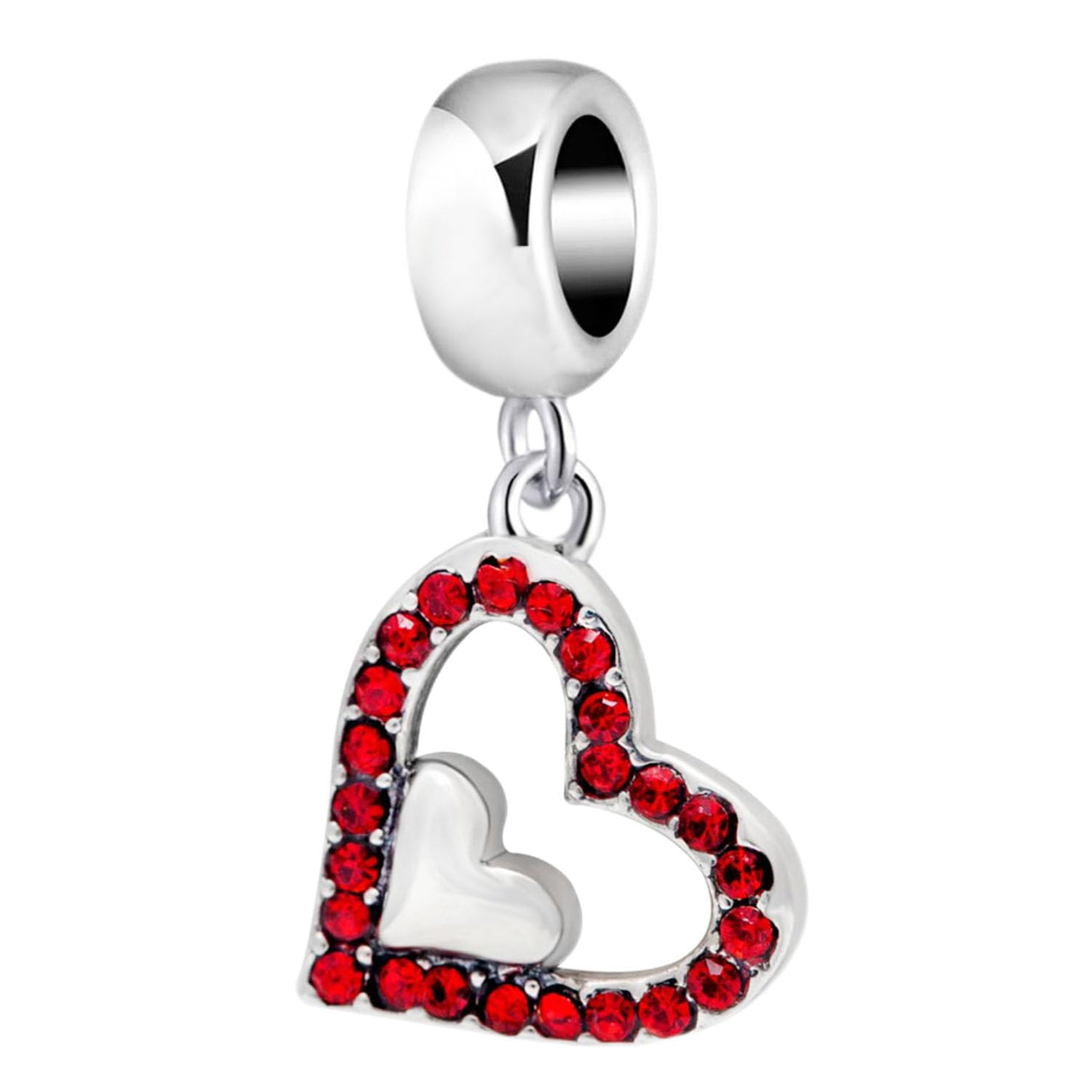 Heart Charm 925 Sterling Silver Love Charm Valentine Charm Crystal Charm for Pandora Charm Bracelet (Red)
