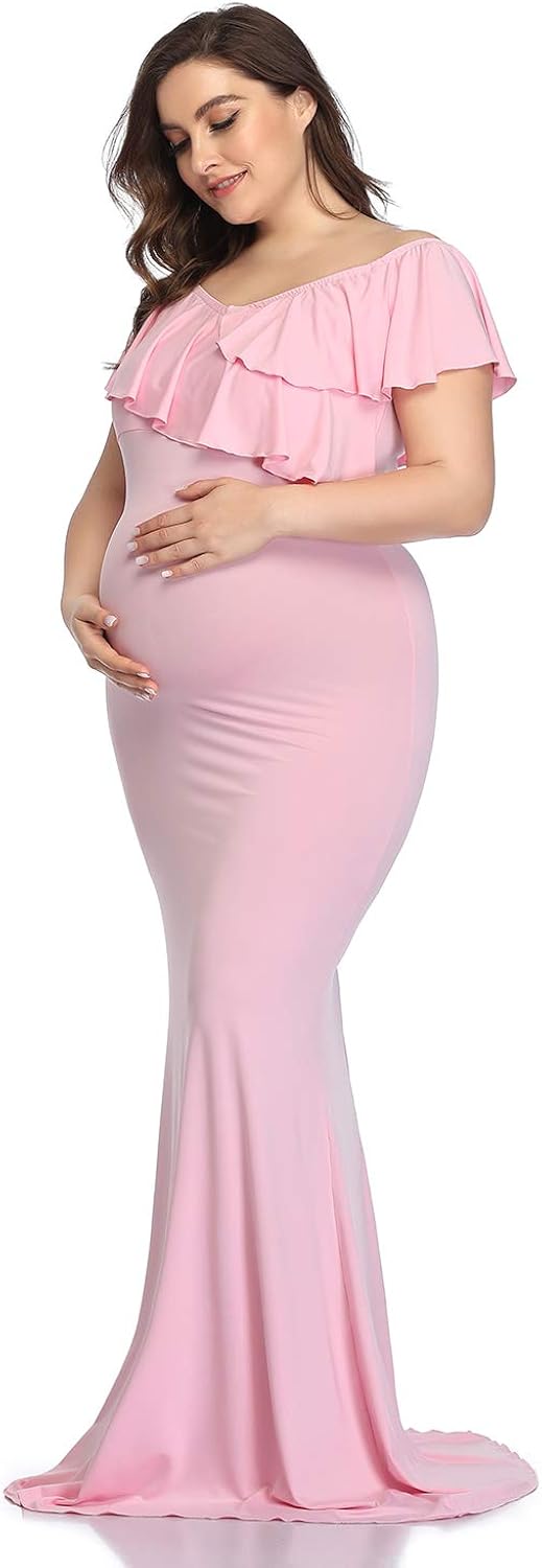 Maternity Dress for Photography Off Shoulder Long Sleeve Chiffon Gown Split Front Maxi Pregnancy Dresses for Photoshoot at  Women’s Clothing store