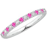 Houston Diamond District 1.5 to 5.5 Carat Round LAB GROWN Gemstone and Alternating LAB GROWN Diamond Wedding Band (AAAA Heirloom Quality) 14K White Gold Pink Sapphire 3.5 Carat Size-7