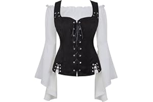 JUTRISUJO Renaissance Costumes for Women Medieval Pirate Vest Shirt Long Sleeved 2 Pcs Viking Costume Bodice Coat