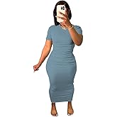 Women's Casual Short Sleeve Dress T Shirt Bodycon Dresses Ribbed V Neck Maxi Sundress Basic Party Club Dress with Pocket