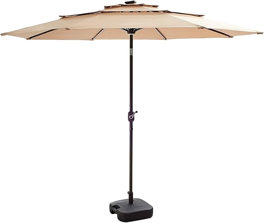 Amazon Com Festival Depot Outdoor 3 Tiers Ventilation Market Aluminum Umbrella Push Button Tilt Easy Crank Open Close Center Light 8 Solar Powered Led Lights Bars All Weather 9 8 Ft Patio Umbrella Khaki