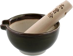Zen Table Japan Ceramic Mortar & Pestle Set (Suribachi & Surikogi) with Spout 4.7 inches Handmade Round-Shape Green-Brown (Oribe) Made in Japan