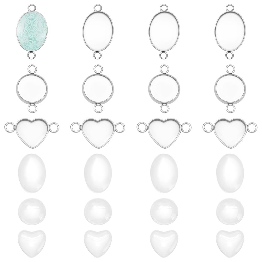 UNICRAFTALE about 30 Sets Oval/Flat Round/Heart Bezel Blank Pendant Stainless Steel Blank Links with Cabochons Cabochon Connector Setting Pendant Bezel Trays for Cabochon Jewelry Making