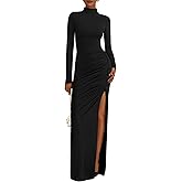 BTFBM Formal Dresses for Women 2026 Spring Long Sleeve Mock Neck Ruched Bodycon Slit Maxi Wedding Guest Dress Cocktail