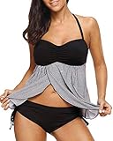 Yonique Women Two Pieces Halter Bandeau Dot Pin Up Tankini Sets Flyaway Ruched Backless Swimsuits
