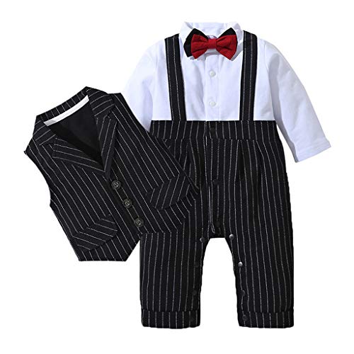 Baby Boy Outfits Set, 3pcs Long Sleeves Gentlemen T-Shirt Jumpsuit & Vest Coat with Bow Tie Wedding Tuxedo Outfits (Black, 6-12Months)