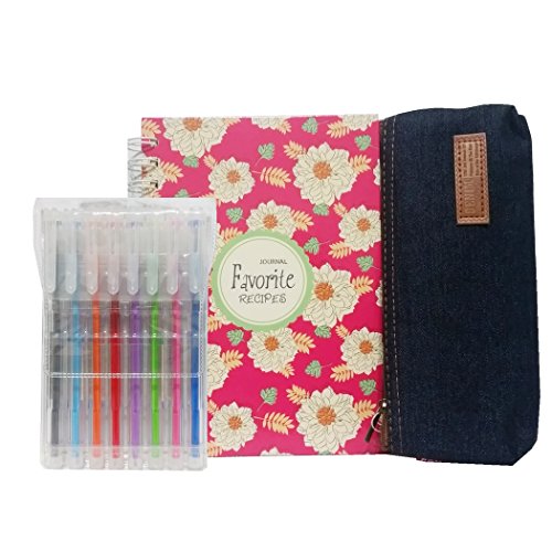 Blank Recipe Book to write in Kit : Red Flora Empty Recipe Binder + Denim Stationery Pouch Bag + Color Pens with Clear Case