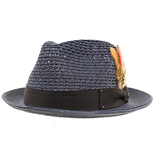 Men's Light Vented Removable Feather Derby Fedora Curled Brim Hat S/M Navy