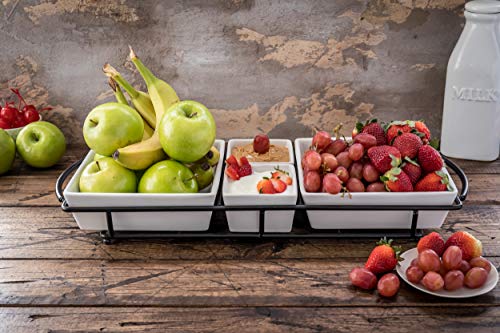 Food Serving Dish Set: 4 White Stoneware Bowls with Metal Display Stand | Perfect for Appetizers, Snacks, and Meals - Thumbnail 3
