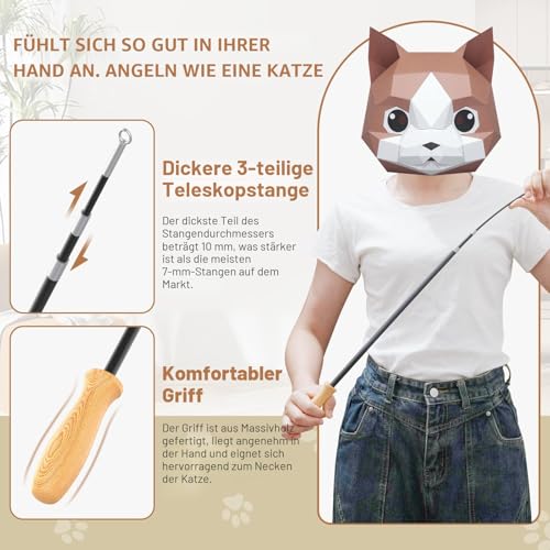 ROSAUI 2 x cat fishing rod, long, interactive cat toy with 2 birds and 3 feathers, cat toy for kittens, cat toys, stable, 107 cm